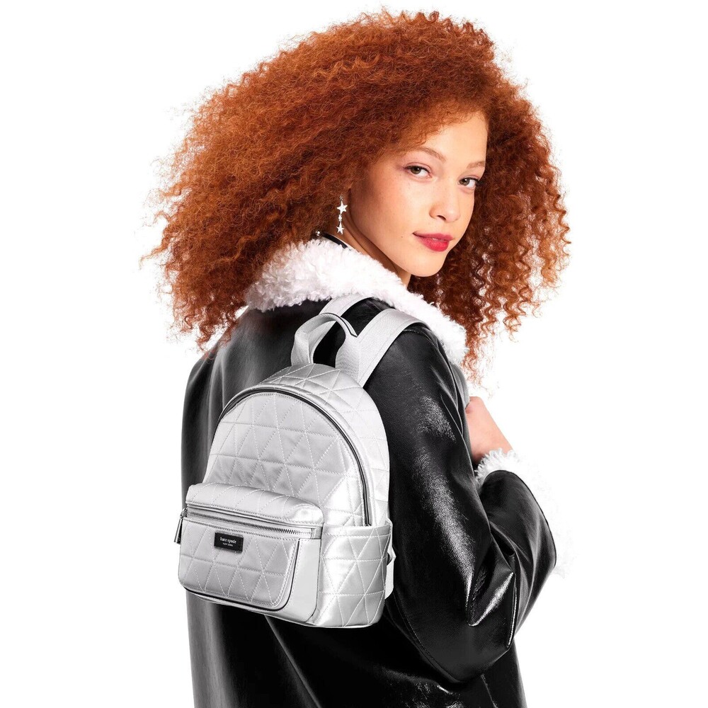 New Kate Spade Sam Icon Quilted Satin Small Backpack Silver